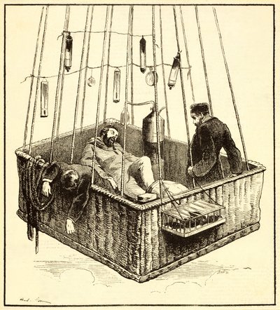 Joseph Crocé-Spinelli, Henri Sivel, and Gaston Tissandier in the basket of the balloon, Zénith, after losing consciousness due to lack of oxygen after reaching an altitude of nearly 28,000 ft., near P by French School